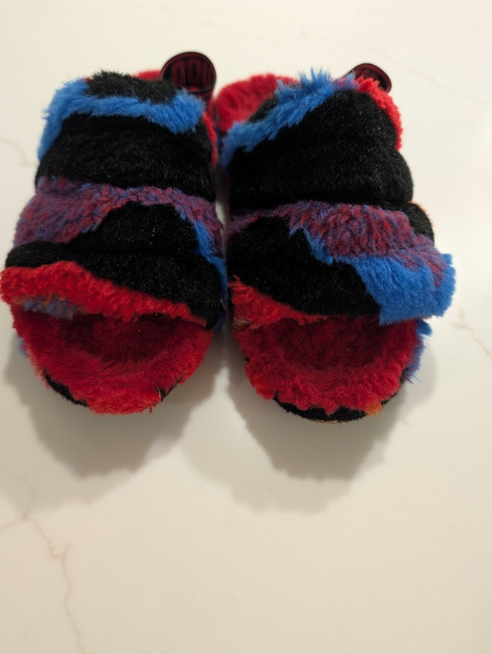 Plush UGG Slide Sandals in Black, Red & Blue With Elastic Band Size 8